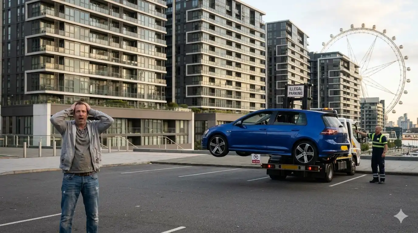 A man reacting in shock as his blue Volkswagen is loaded onto a tow truck for illegal parking near Melbourne's Docklands with the Star observation wheel in the background.