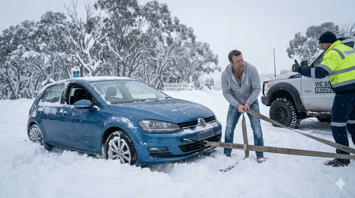 A man and a recovery worker pulling a snow-covered Volkswagen Golf out of deep snow on a closed Mount Buller road in Victoria using tow straps.