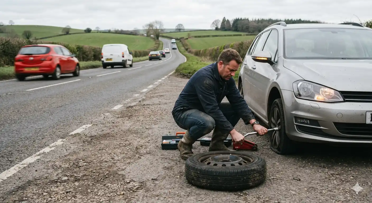 A man using a jack and wrench to change a flat tyre on a car pulled over on a busy road shoulder with traffic passing by.