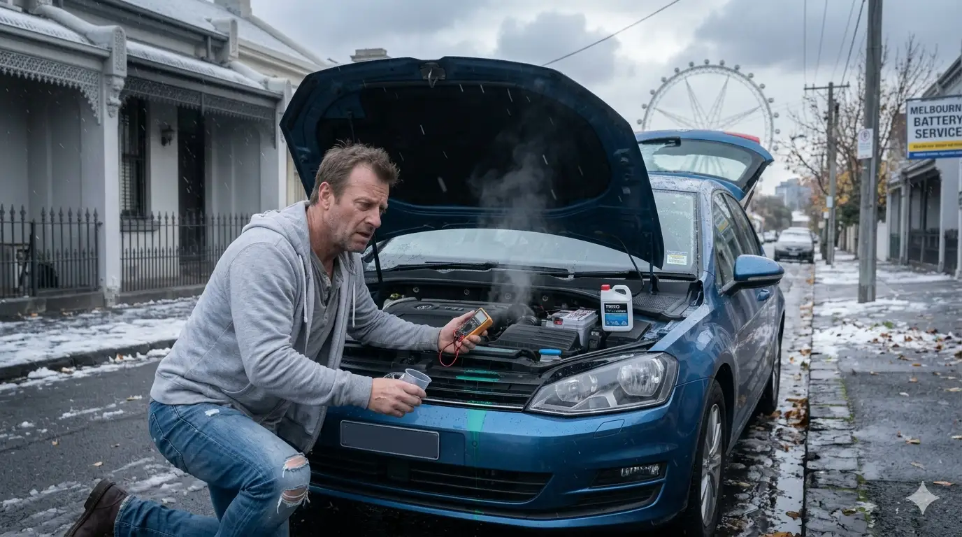 A man testing a car battery with a multimeter on a cold snowy Melbourne street with the bonnet open and steam rising from the engine bay.