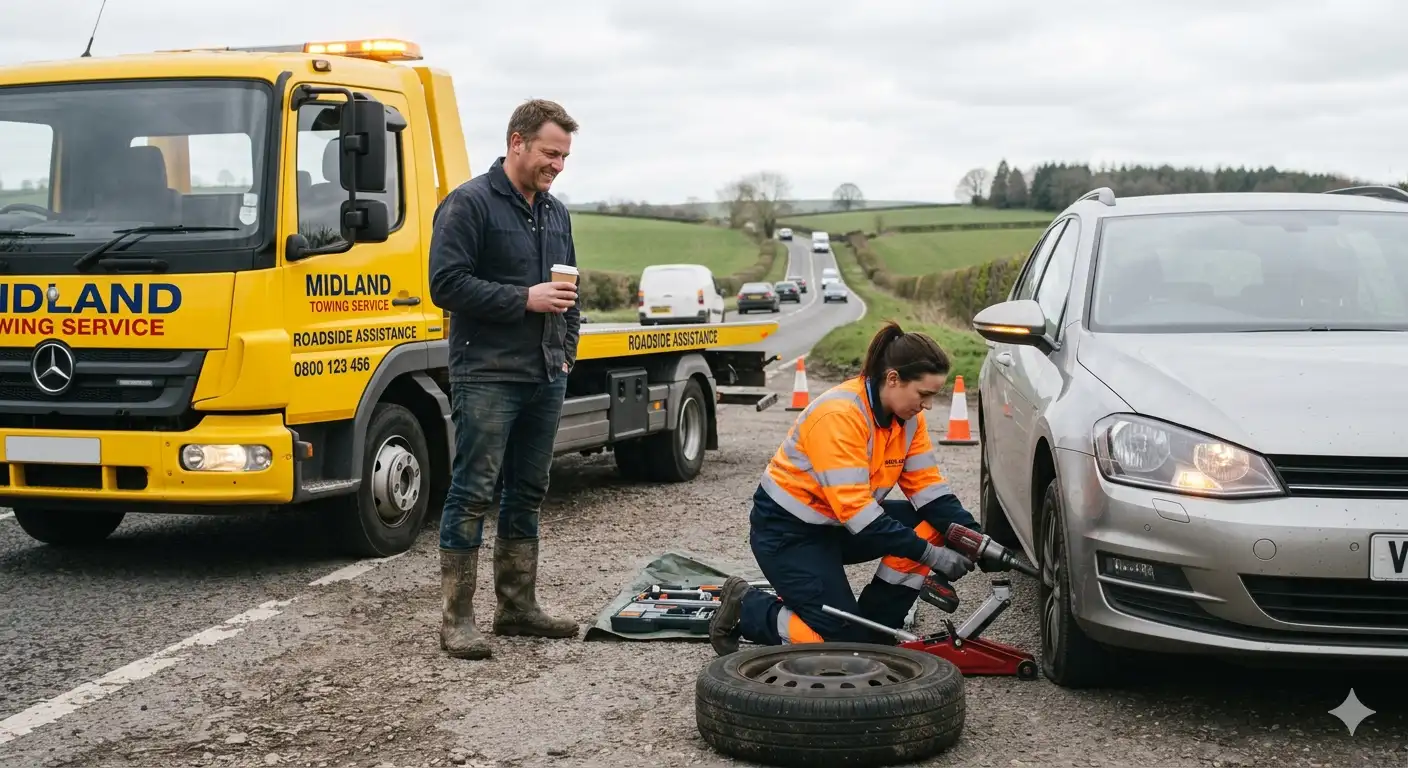 A female roadside assistance worker changing a flat tyre on a car pulled over on a highway shoulder while the driver stands nearby next to a towing service truck.