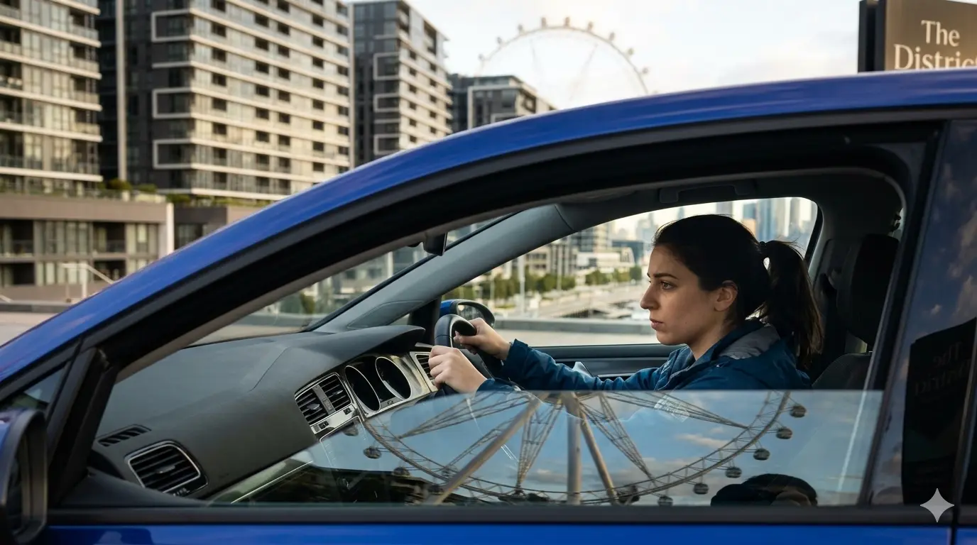 A woman drives a blue car through Melbourne's Docklands area, with the Melbourne Star Observation Wheel visible in the background.