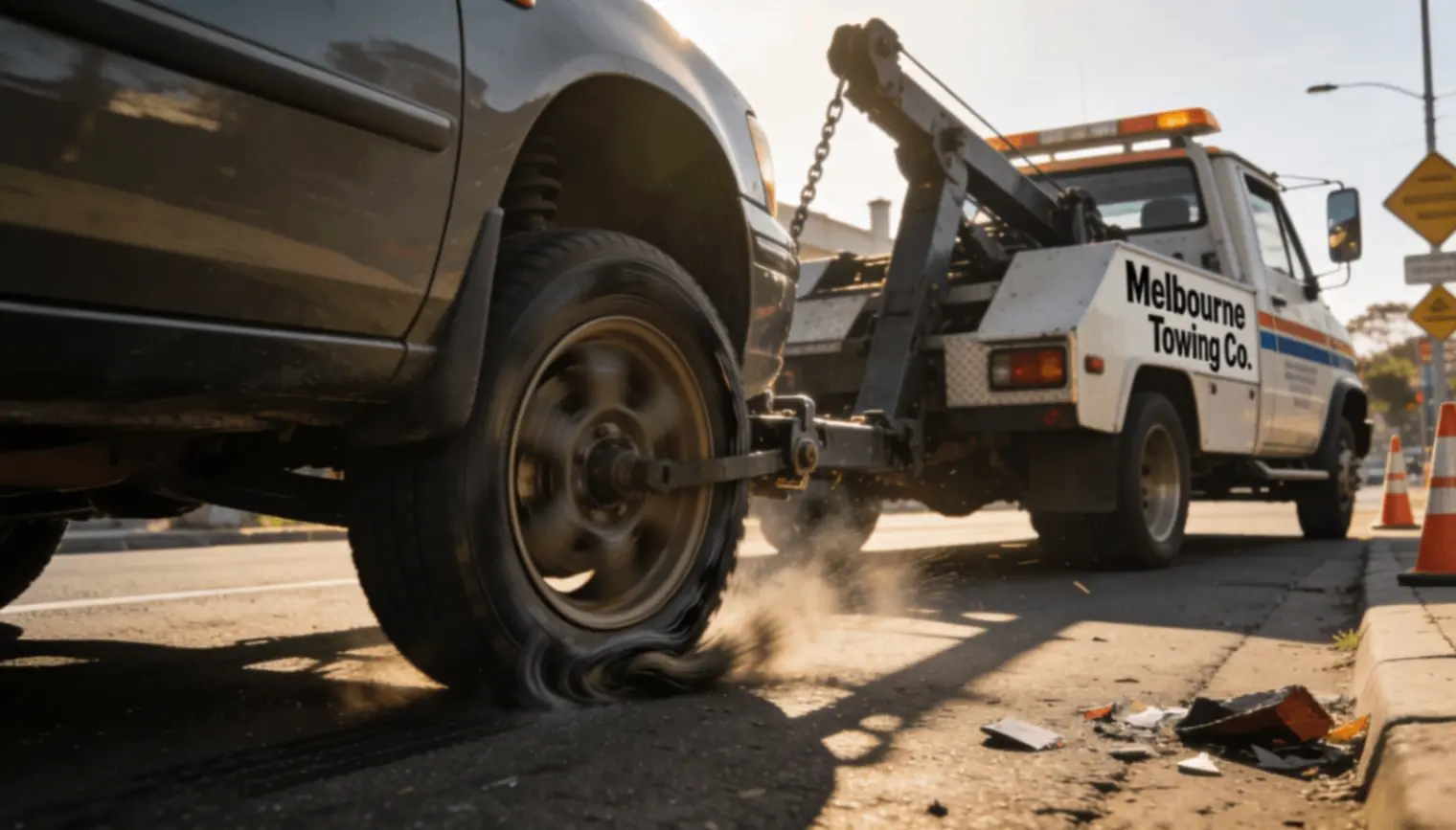 Close-up of a car with a blown-out rear tire being towed by a tow truck labeled "Melbourne Towing Co." with debris on the road.