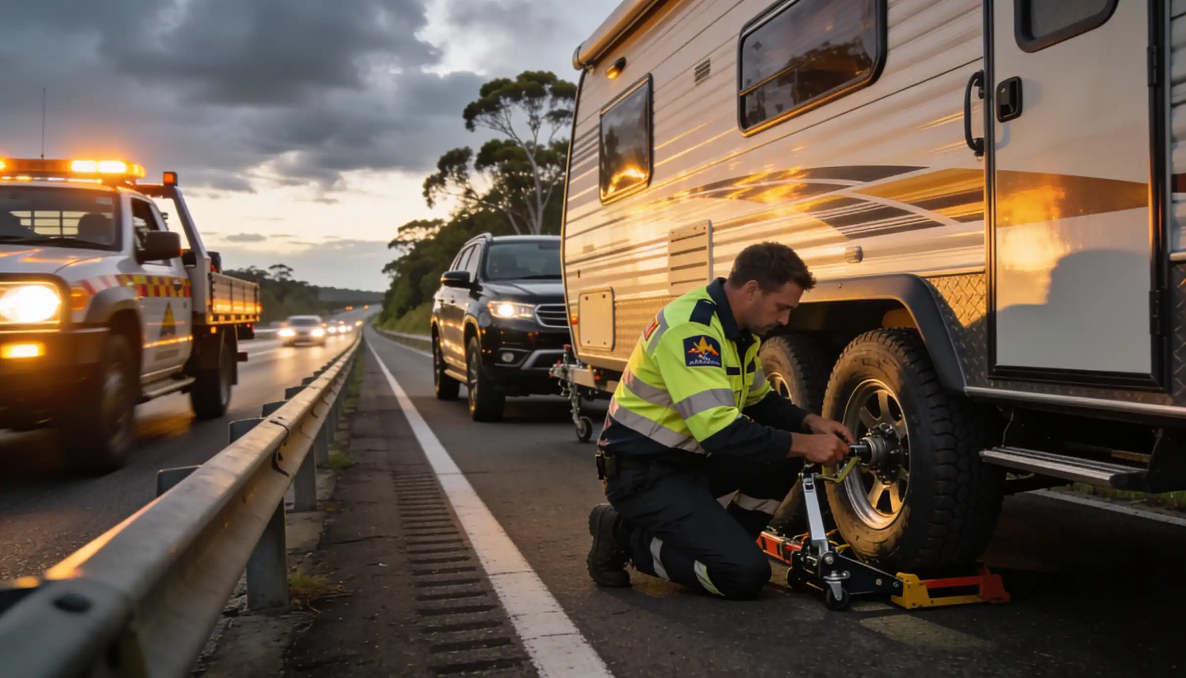 police warning caravan safety alert scene roadside official assisting with caravan wheel maintenance and safety checks during traffic stop