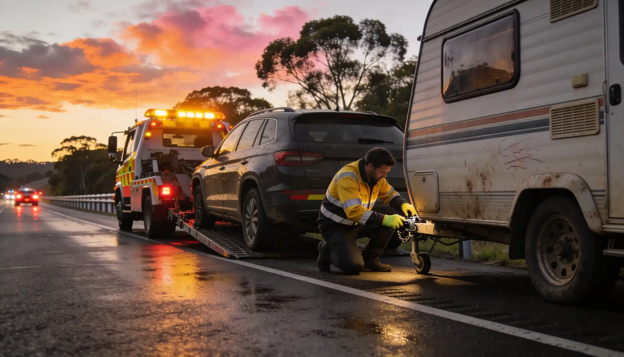 police warning caravan safety emergency tow truck and officer securing caravan on highway at sunset with reflective vests and safety lights