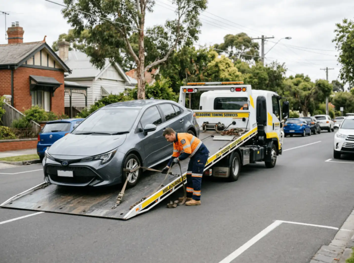 A worker in a high-visibility uniform fastens a gray car onto a yellow and white flatbed tow truck labeled "Melbourne Towing Services," parked on a residential street lined with houses and trees.