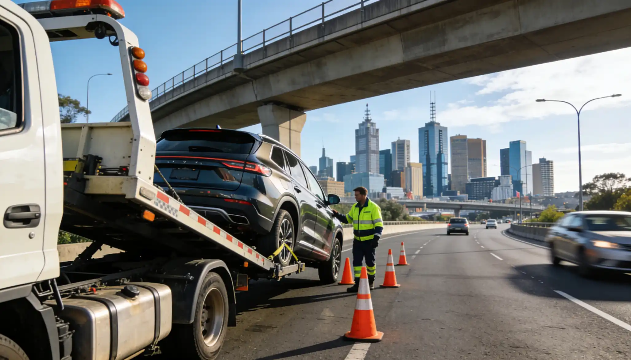 A roadside assistance worker in a yellow vest helps with a dark SUV being hooked up to a tow truck on a highway, with traffic cones placed around and a city skyline visible in the background.