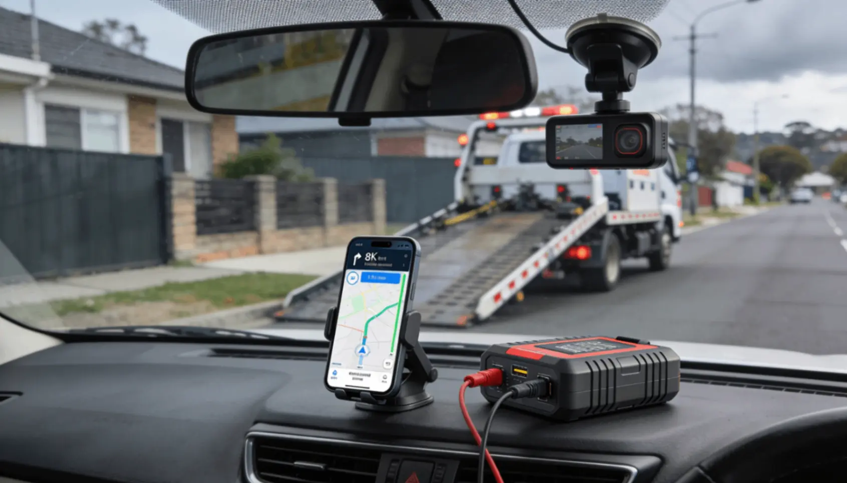 Dashboard view with dashcam, GPS navigation, power bank, and tow truck on highway.