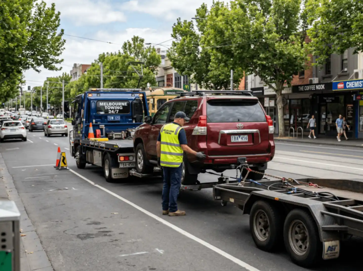 A Melbourne Towing operator preparing a maroon Toyota LandCruiser Prado for towing on a busy urban street, with traffic, storefronts, and pedestrians visible in the background.