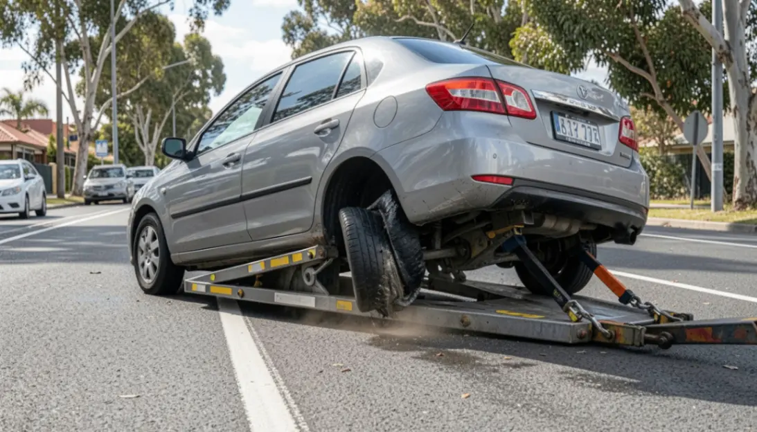 A silver sedan with a damaged rear tire being loaded onto a tow truck on a suburban street.