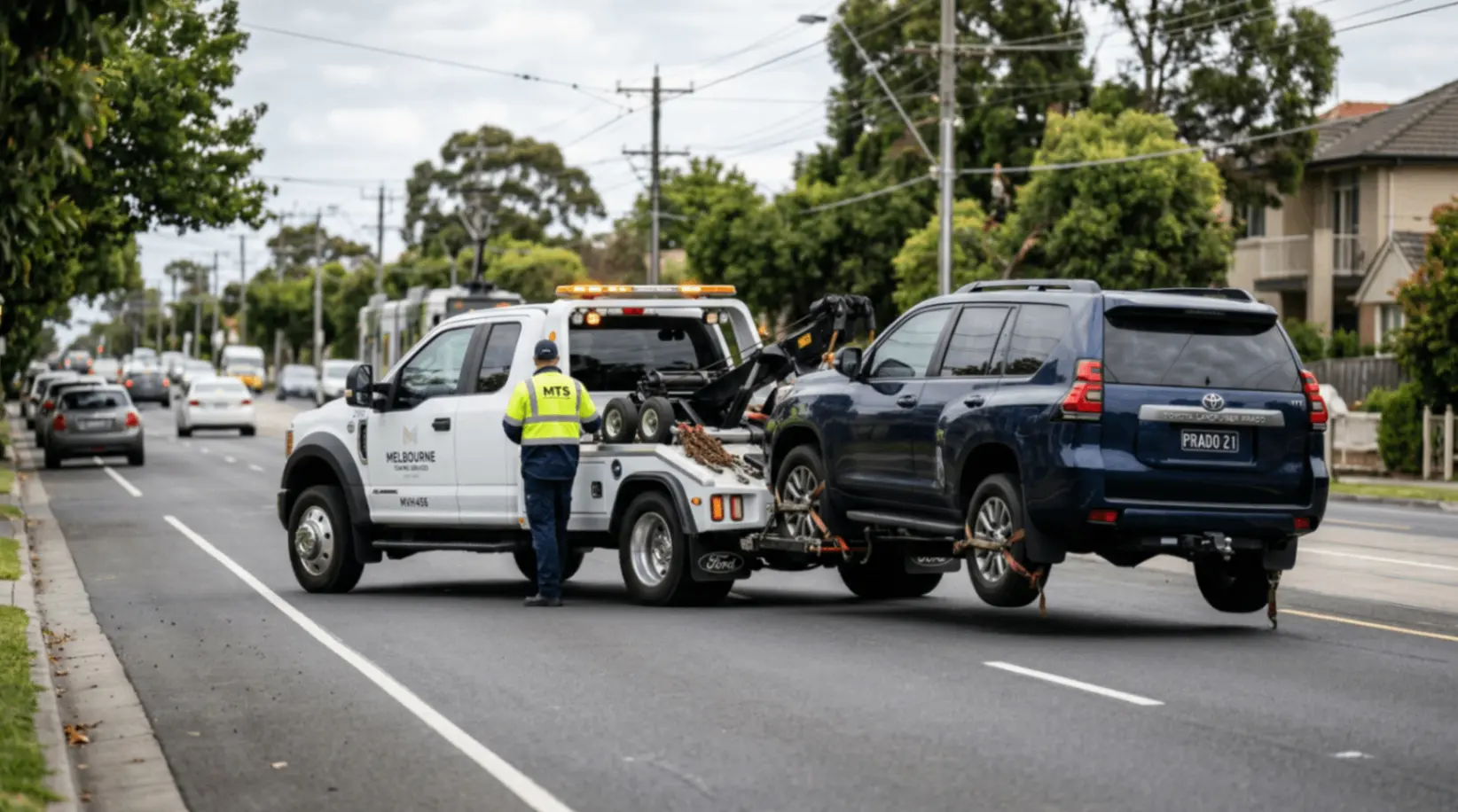 A tow truck operator securing a blue Toyota LandCruiser Prado being towed on a suburban street, with visible Melbourne Towing Services branding and other vehicles in the background.
