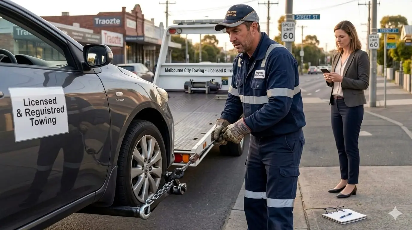 Tow truck operator securing a sedan to a flatbed on a suburban street while a woman waits nearby.