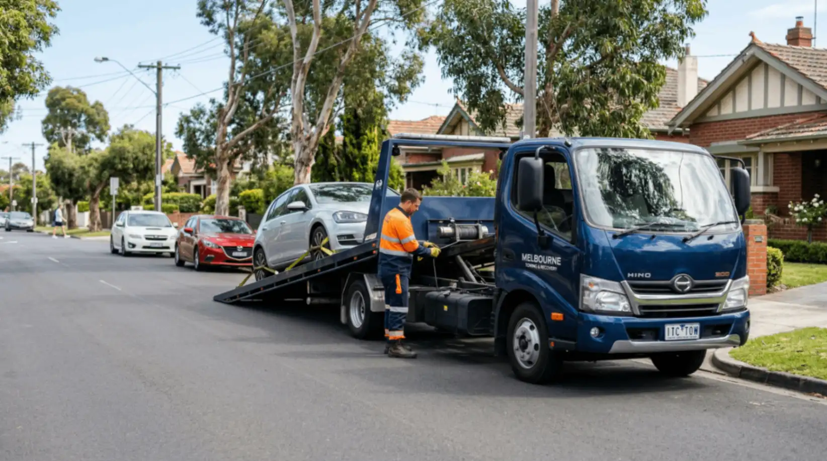 A roadside towing service worker in a high-visibility uniform secures a silver car onto a blue tow truck on a suburban street in Melbourne, with houses and parked cars visible in the background.