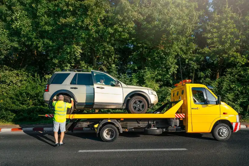 Light-colored SUV being loaded onto a yellow tow truck by a worker, with green trees in the background.