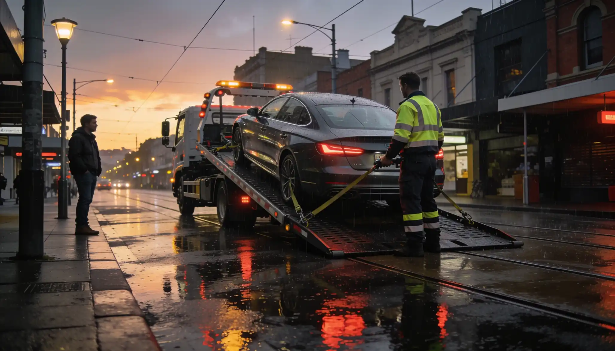 A gray sedan being towed off an urban road at dawn by a flatbed truck, operated by a licensed tow truck driver in a high-visibility vest