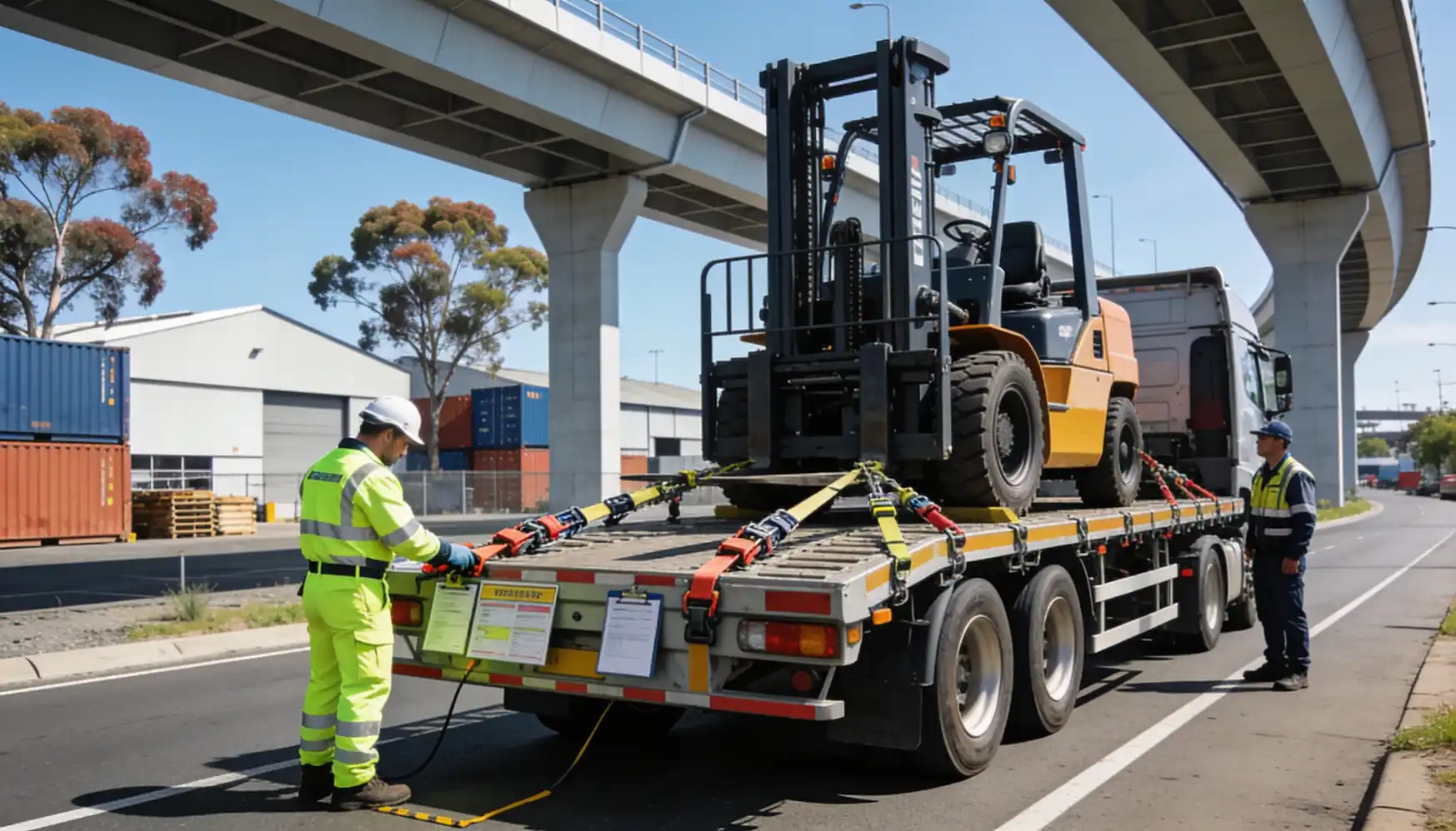A large flatbed load carrier with a yellow and black industrial forklift secured on board, with transport workers in high-visibility uniforms nearby