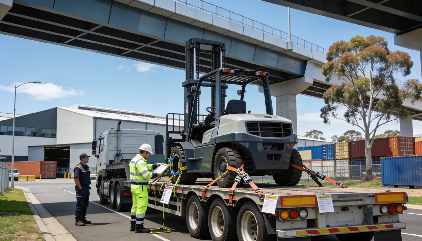 A heavy-duty orange safety harness secures a grey and black industrial forklift to a flatbed semi-trailer. The workers are dressed in yellow and white high-visibility garments and hard hats, indicating their roles as truck drivers or helpers. The sky is clear and blue, with clouds in the distance. The background includes a large industrial building, shipping containers, and a concrete overpass that seems to be part of a freeway or highway.