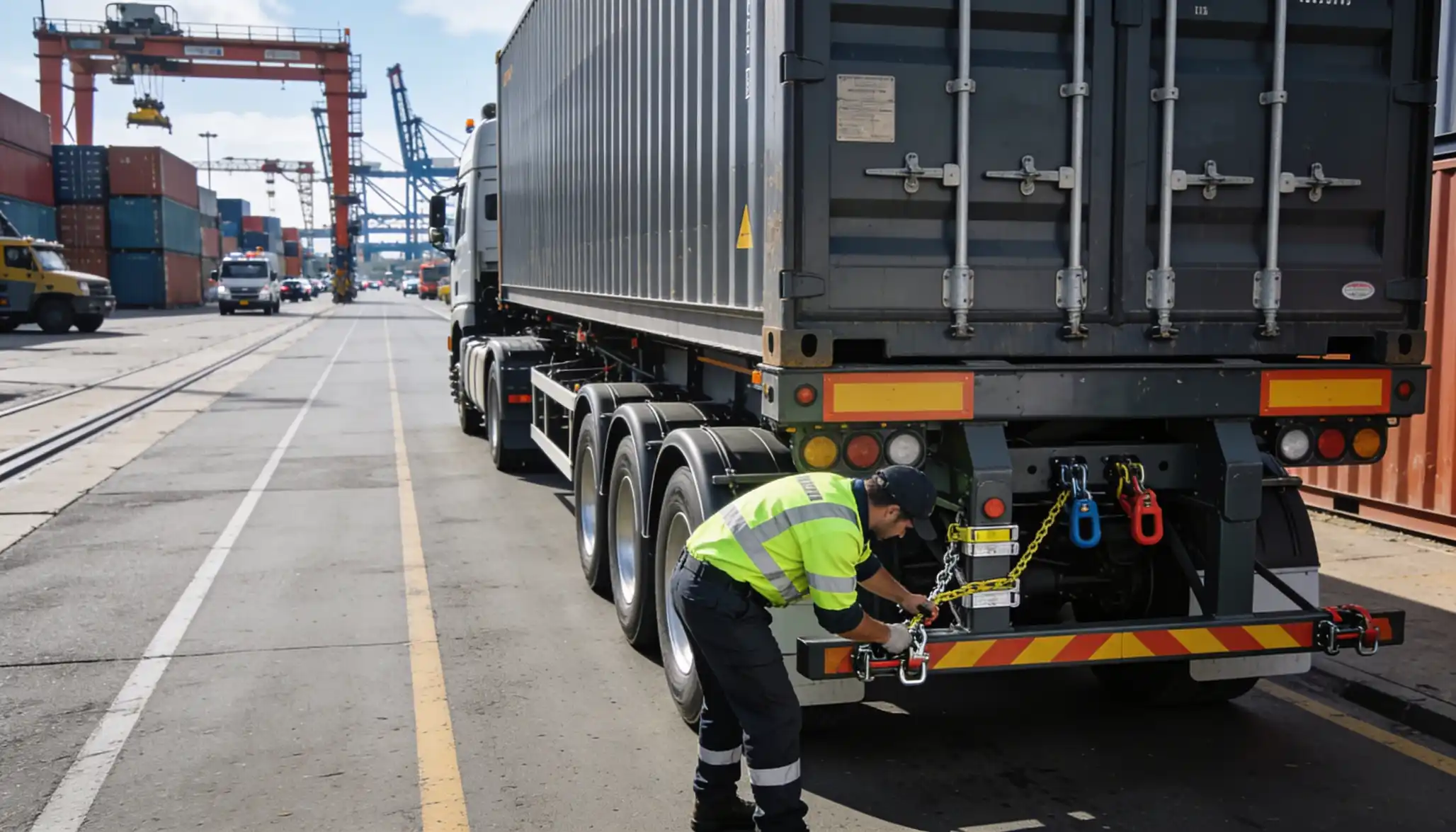 A transport employee in a high-visibility yellow jacket standing beside a flatbed semi-trailer loaded with a black shipping container at a commercial shipping port