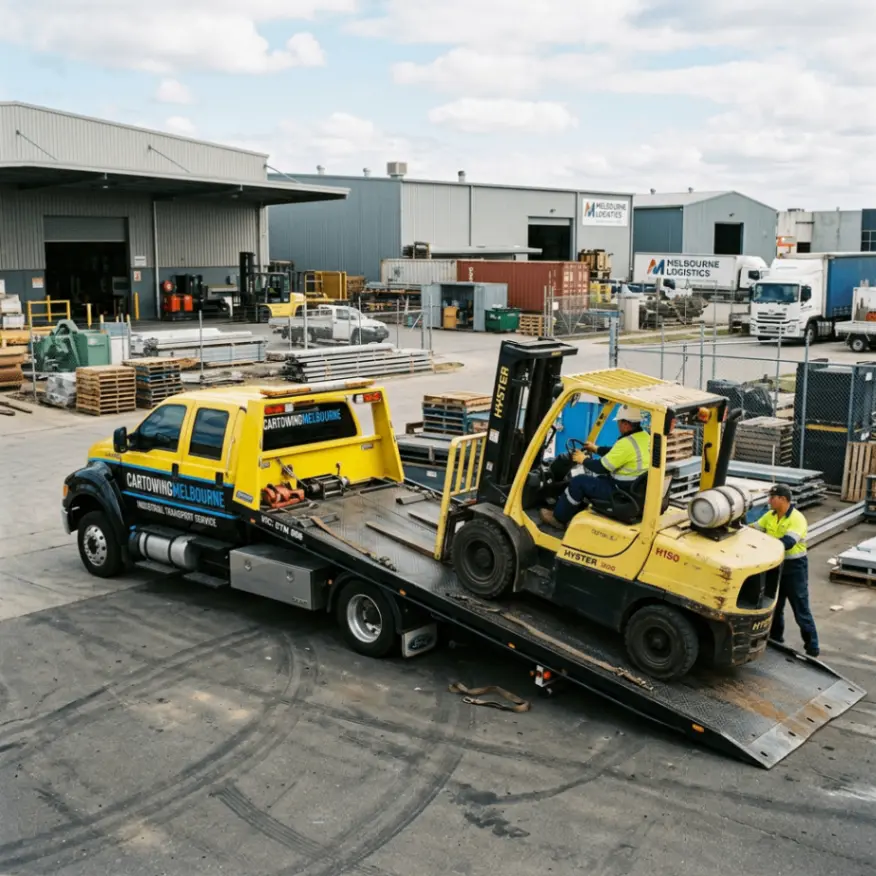 A blue Cartowing Melbourne tilty tray truck transports a yellow forklift in front of a warehouse, with a worker standing nearby.