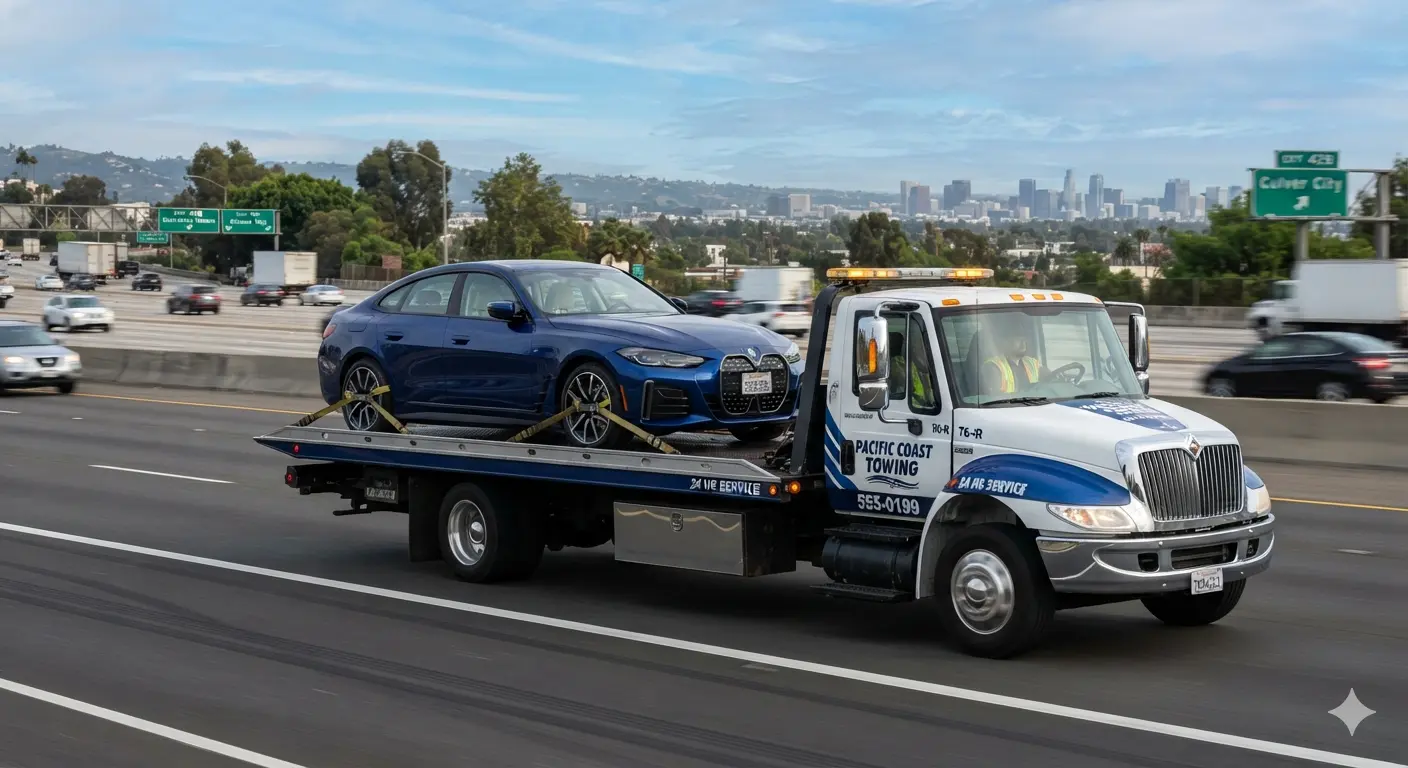 A blue BMW securely strapped onto a professional flatbed tow truck driving on a city highway showing the correct way to transport a European luxury car.