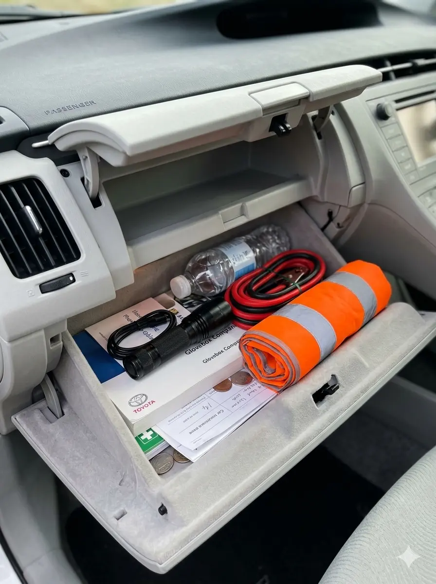 An open car glovebox containing a torch, jumper cables, water bottle and hi-vis vest showing essential items for a Melbourne roadside breakdown.