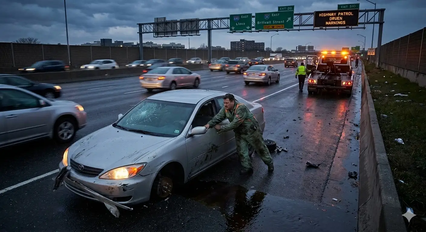 A man and woman standing beside a front-damaged car on a highway shoulder calling for emergency towing assistance.