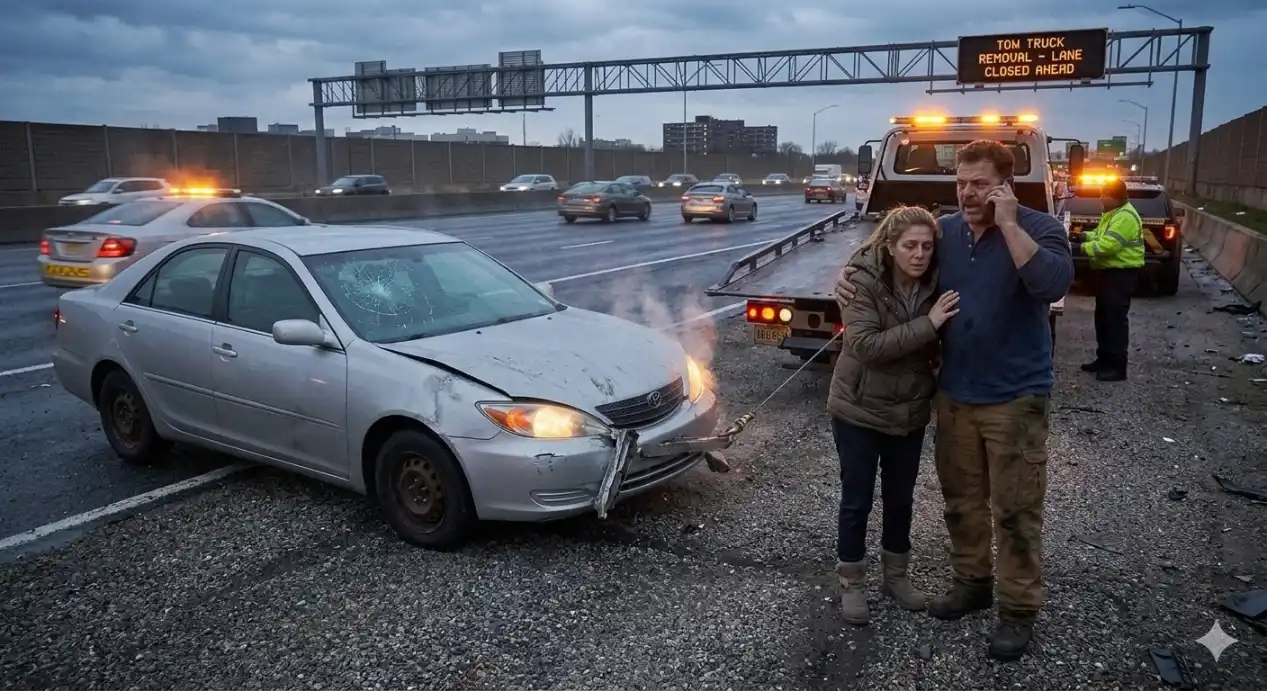 A man pushing a damaged car off a wet highway lane while a tow truck with flashing lights waits nearby.