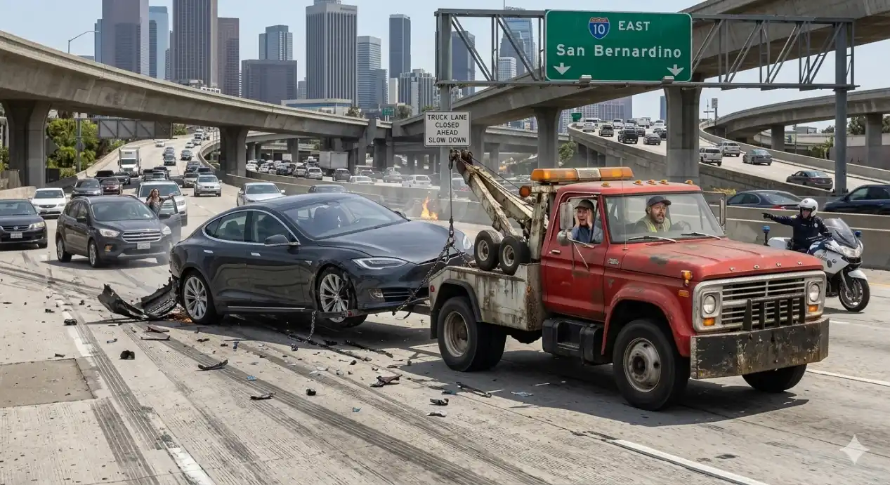 An old hook tow truck dragging a Tesla electric car on a busy Los Angeles highway showing the wrong and dangerous way to tow an AWD vehicle.
