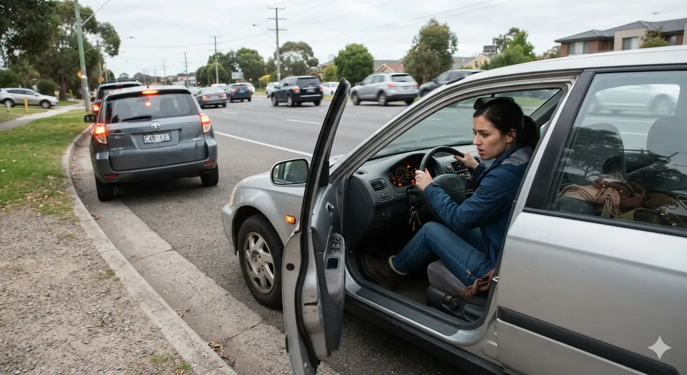 A woman sitting in a broken-down car pulled over on a busy Melbourne road looking stressed while trying to restart the engine.