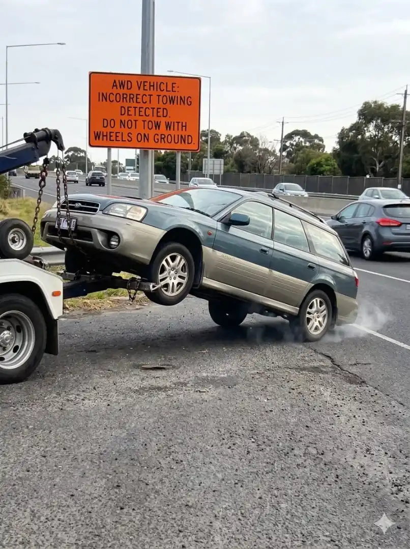 AWD wagon towed with its rear wheels still on the ground, smoke rising from the tyres, beside an incorrect-towing warning sign.