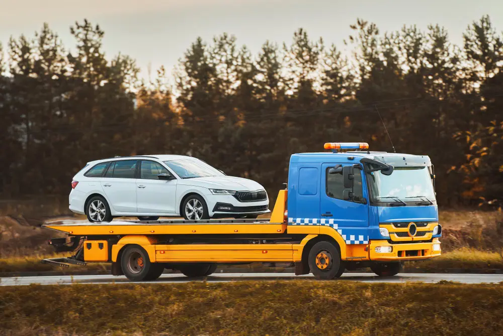 AWD SUV secured on a flatbed tow truck for safe vehicle transport in Melbourne