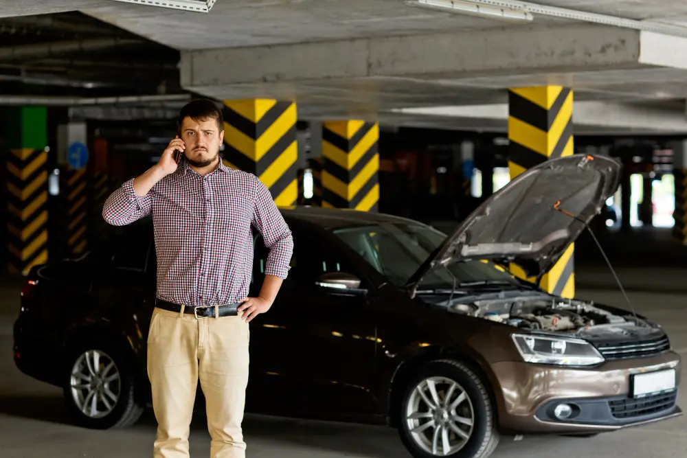 Driver calling for assistance beside a broken-down car in an underground car park