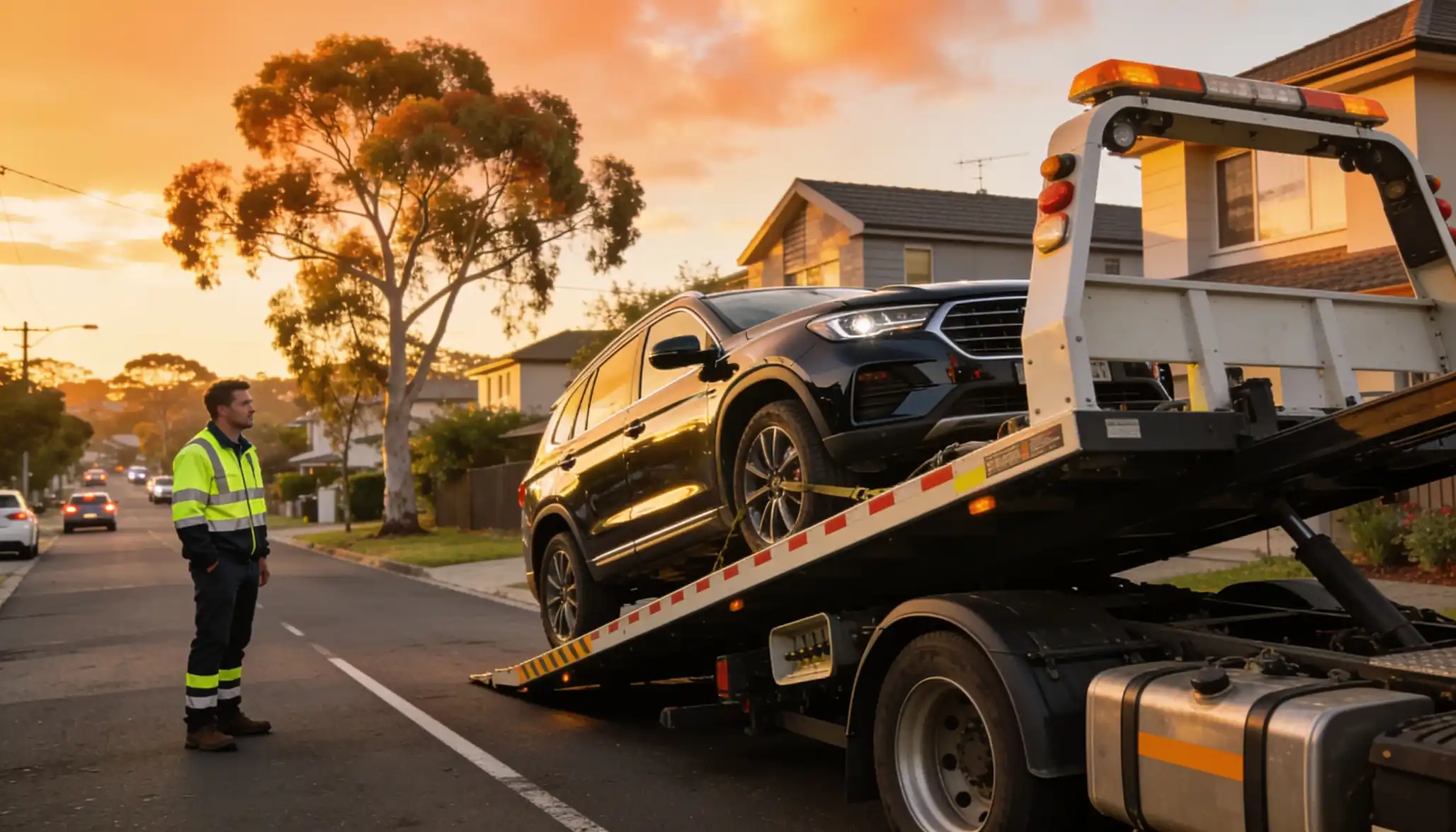 A professional tow truck operator in a hi-vis vest standing beside a white flatbed tow truck with amber lights loading a black SUV on a Melbourne suburban street during a dramatic orange sunset.