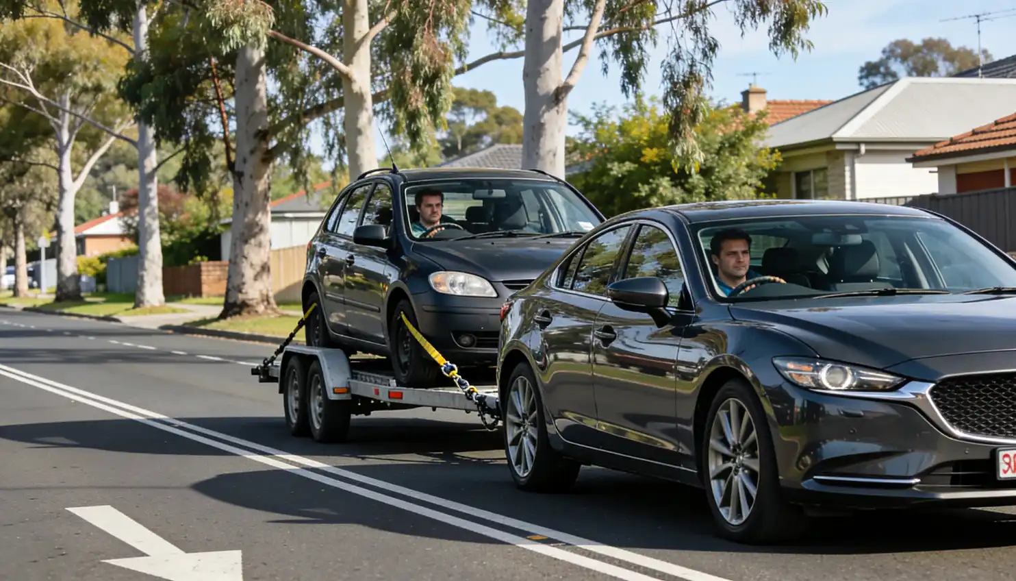 sedan towing a compact car on a trailer through a leafy neighborhood, both drivers visible