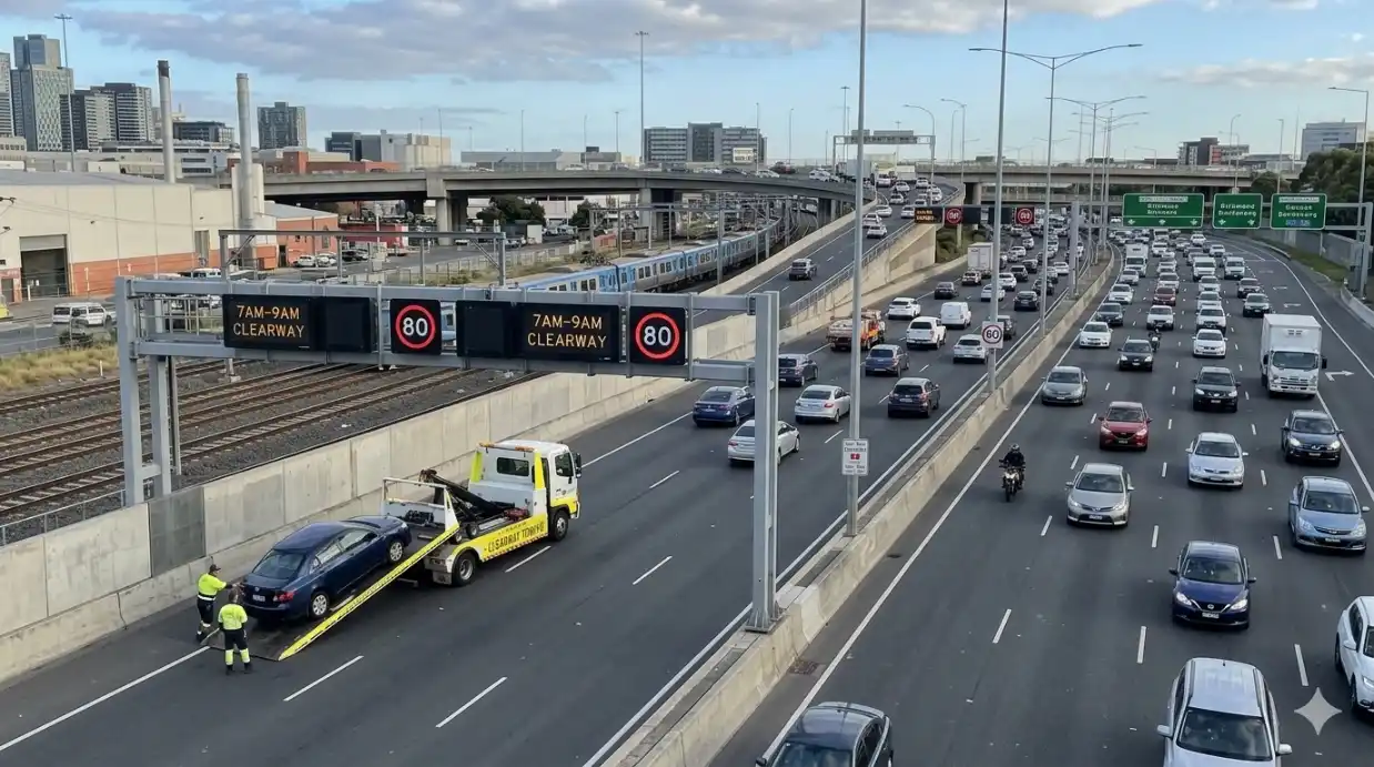 A white City of Melbourne Clearway Towing flatbed truck loading a dark blue sedan on a multi-lane city street next to a tram. A green directional sign reads "West Gate Freeway".