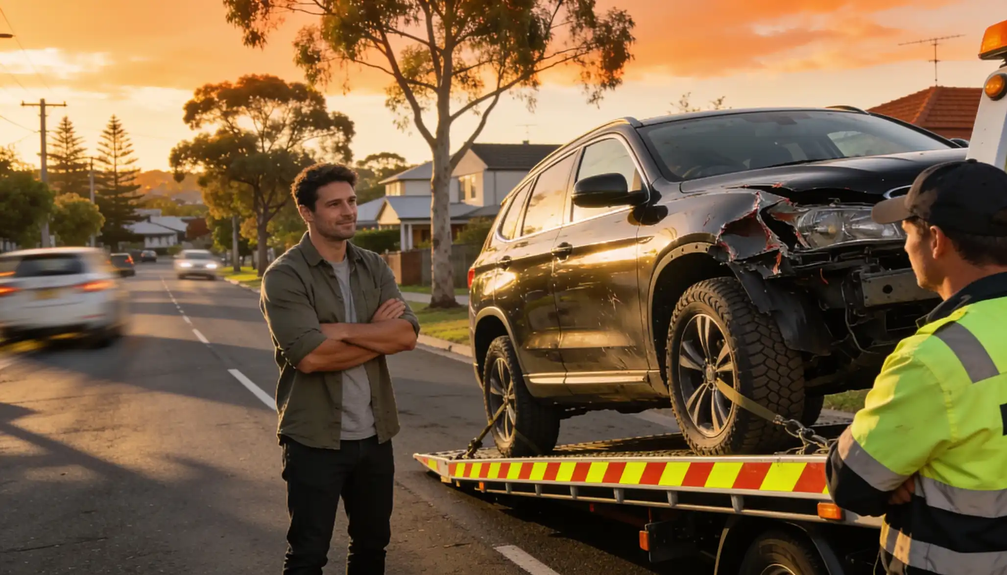 A relieved car owner standing with arms crossed watching a tow truck operator in a hi-vis vest loading a damaged black SUV onto a flatbed tow truck on a Melbourne suburban street at sunset.