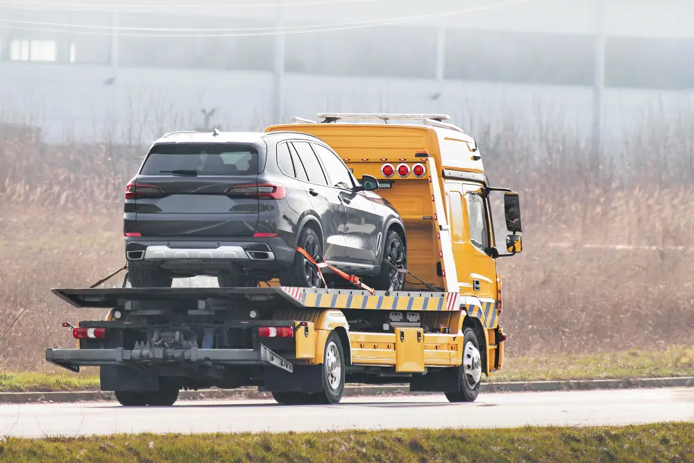 AWD car secured on a flatbed tow truck during roadside vehicle transport in Melbourne