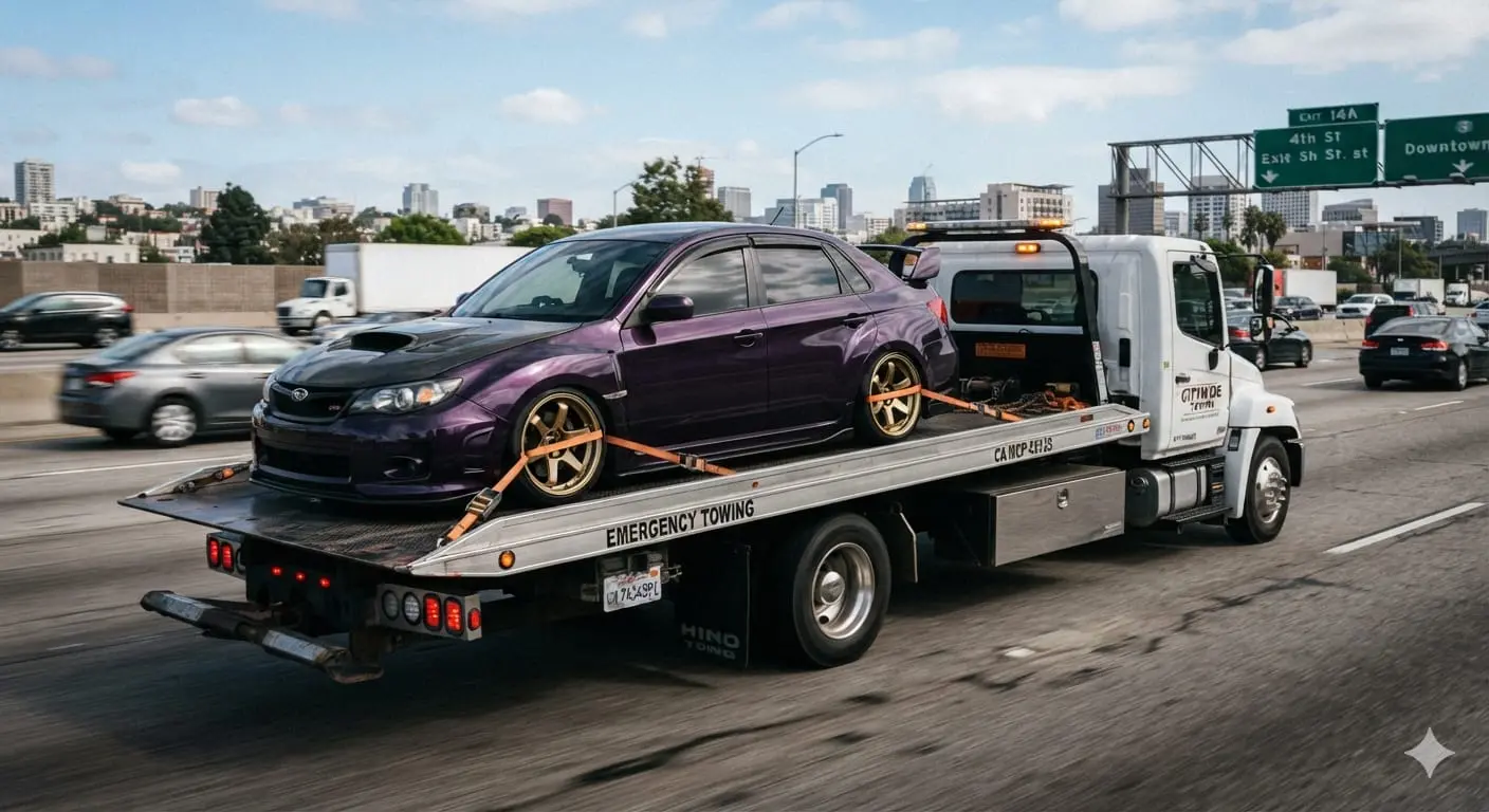 Lowered purple sports car strapped onto a flatbed tow truck with the wheels off the ground.