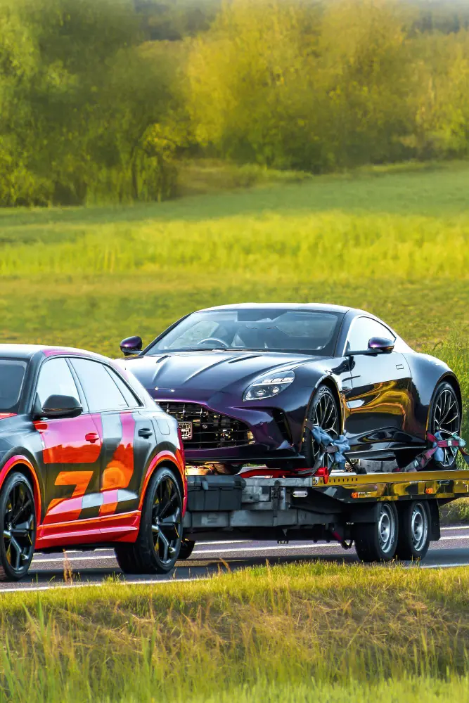 Luxury sports car secured on a flatbed tow truck