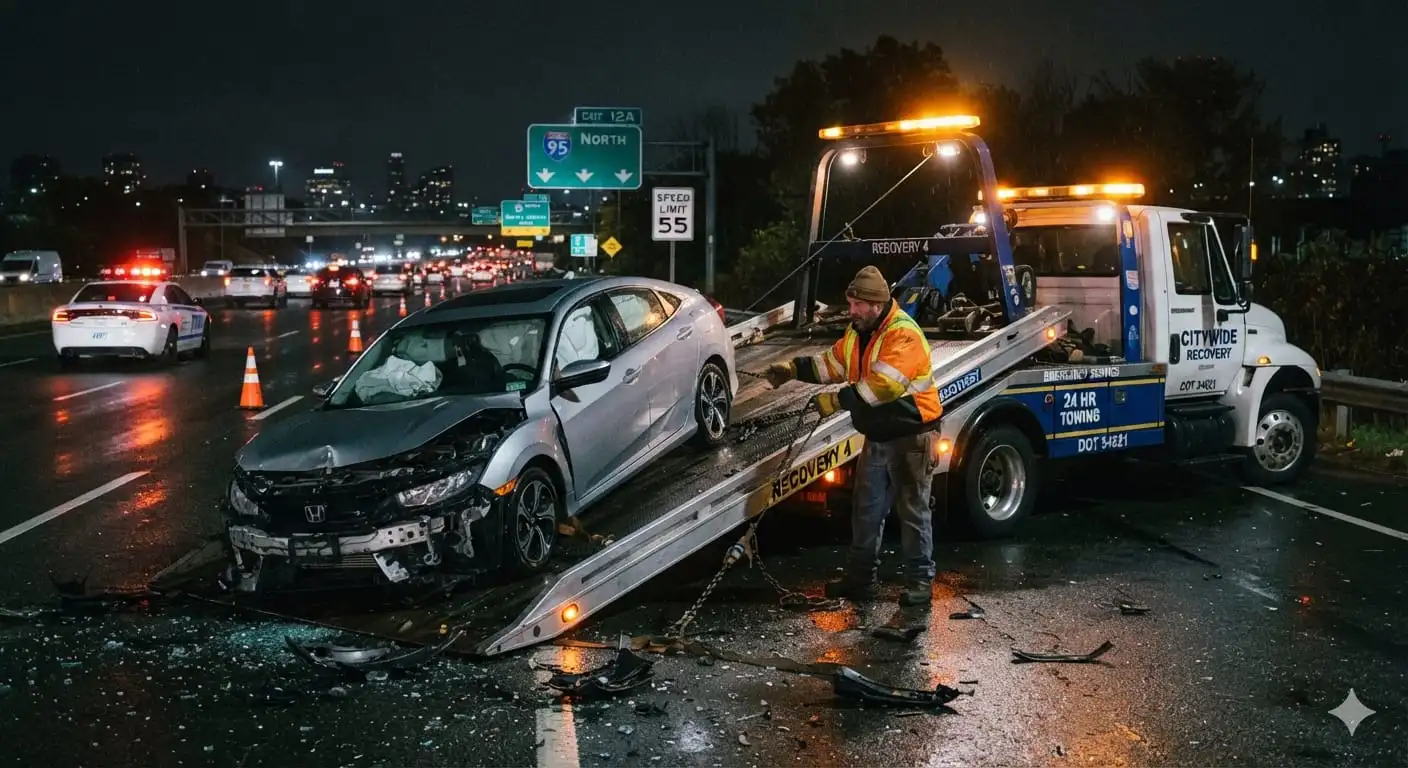 Tow operator winching a crash-damaged silver sedan onto a flatbed tow truck on a rain-slicked highway at night, with police cruisers on scene an example of Victoria's regulated accident towing.