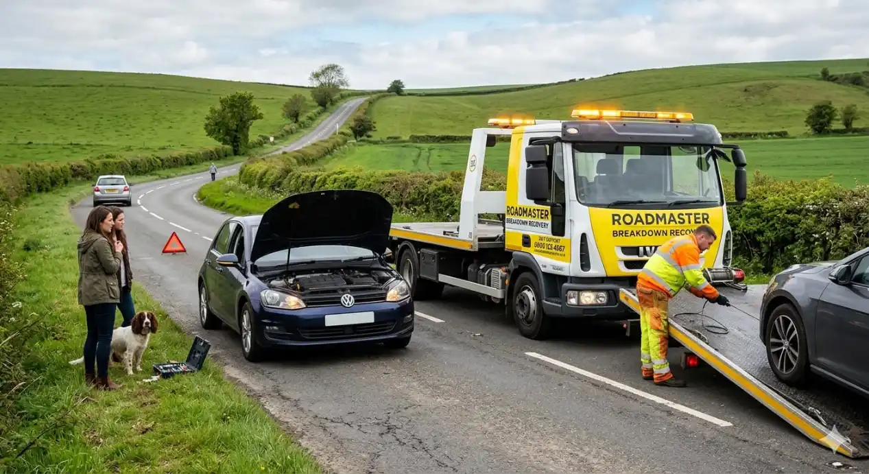 Roadside breakdown recovery on a rural road, with a tow operator loading a stalled VW hatchback onto a flatbed while two drivers and their dog wait nearby an example of unregulated breakdown towing.