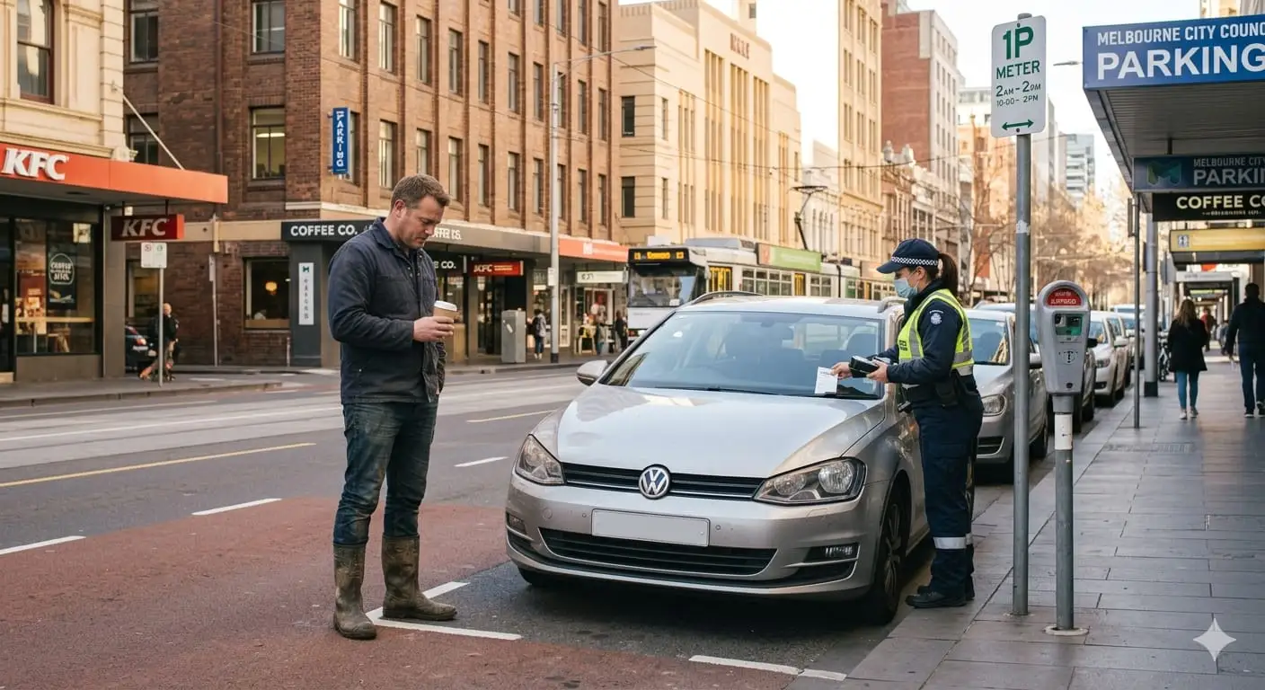 A driver holding a coffee looks on as a Melbourne City Council parking officer places an infringement ticket on his car's windscreen in the CBD, with a tram passing behind.