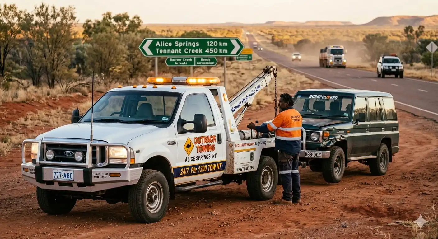 Heavy-duty tow truck operator hitching up a damaged 4WD on a remote highway an example of the specialised, higher-GVM recovery rig needed for 4WDs and heavy vehicles.