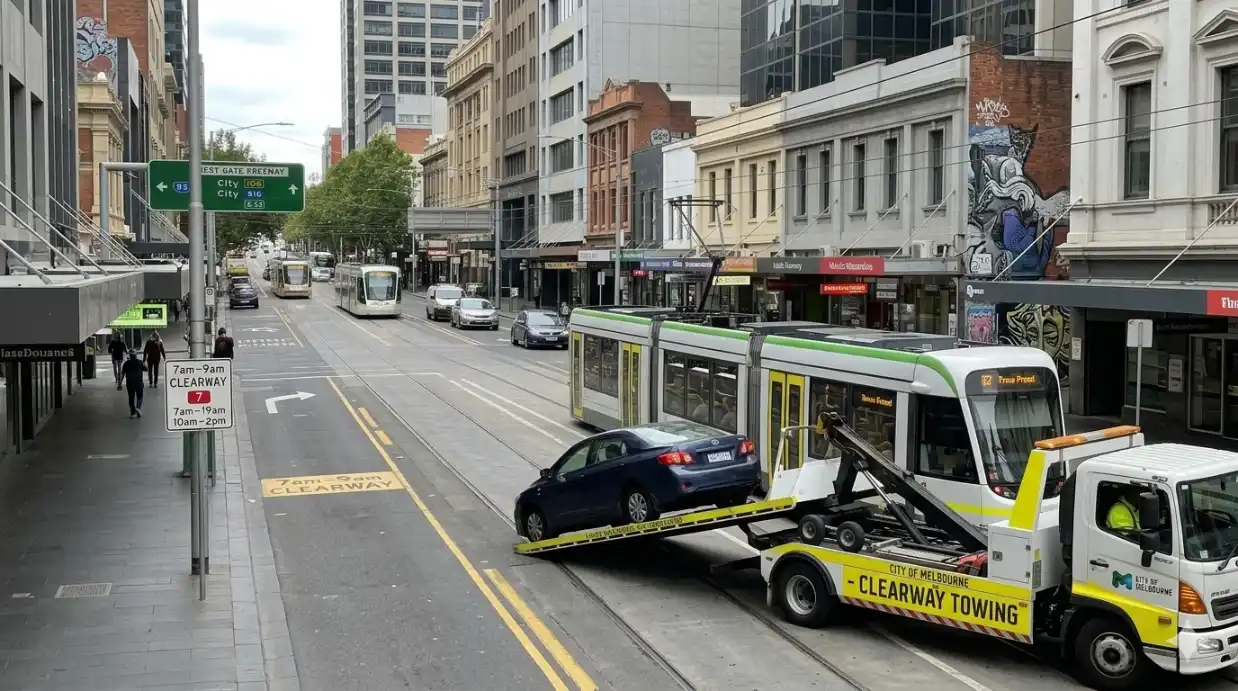 An elevated wide shot of a white City of Melbourne Clearway Towing truck parked on the shoulder of a busy multi-lane highway, loading a dark blue sedan. Overhead electronic signs display "7AM-9AM CLEARWAY" and "80" speed limit restrictions.