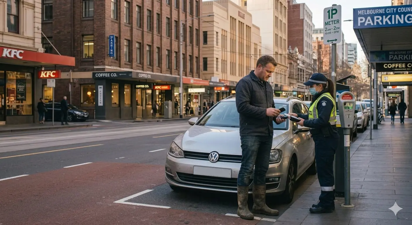 Melbourne City Council parking inspector handing a driver an infringement notice beside his car on a CBD street with a 1P meter sign visible — Step 1 of receiving a parking fine in Melbourne.