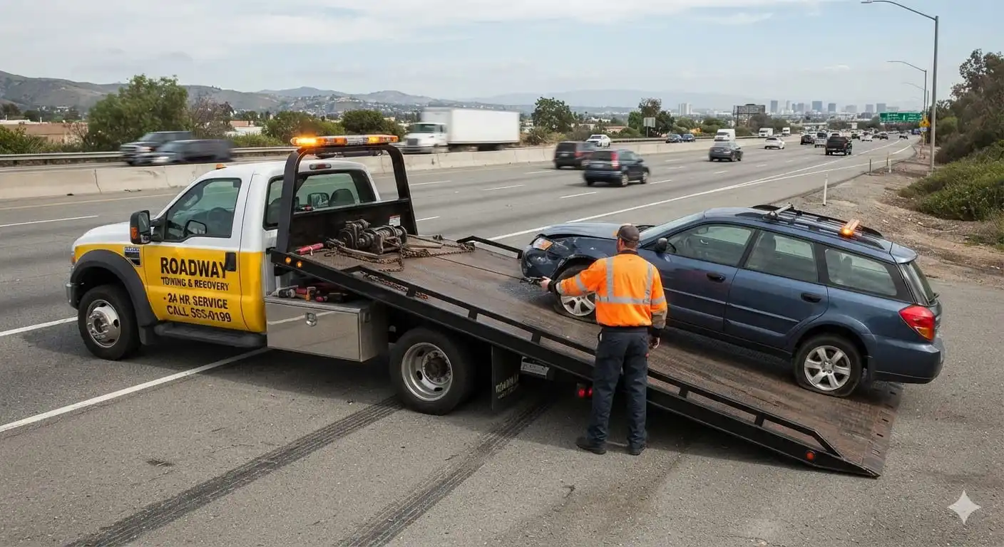 Operator loading a crash-damaged wagon onto a modern tilt-tray flatbed tow truck beside a busy freeway the gold-standard equipment to check for when choosing a Melbourne towing service.