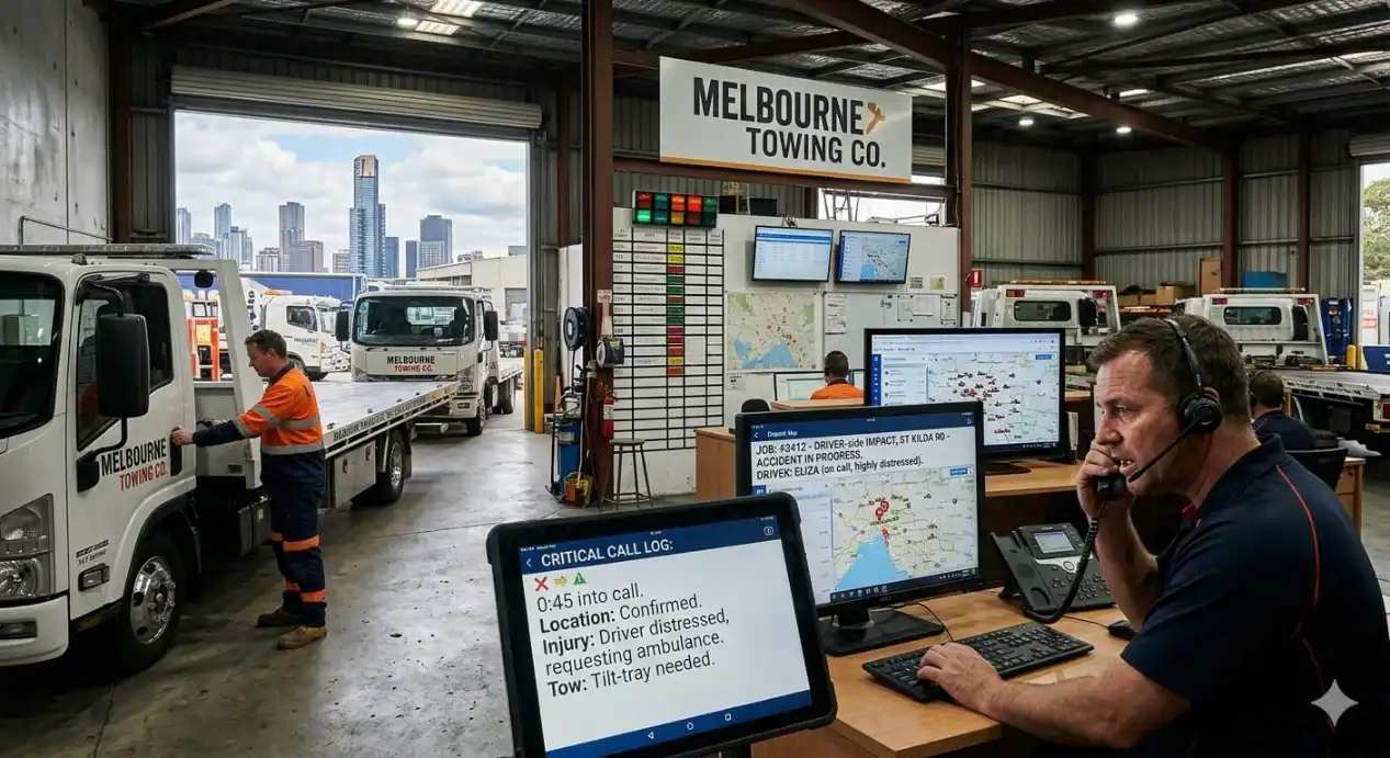 Dispatcher inside the Melbourne Towing Co. command centre taking an emergency call, with live GPS fleet-tracking screens and a critical call log showing a driver-side impact job in progress.