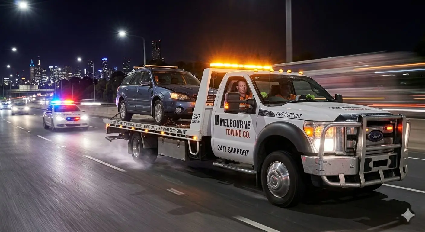 Melbourne Towing Co. flatbed tow truck transporting a secured vehicle along a freeway at night with a police escort and the CBD skyline in view — the transport phase of an emergency tow.