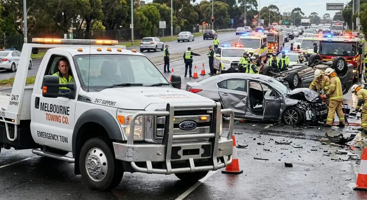 Melbourne Towing Co. emergency tow truck arriving at a multi-vehicle accident on a rainy Melbourne road, with police, fire crews and a rolled-over car on scene — Priority 1 red-alert response.