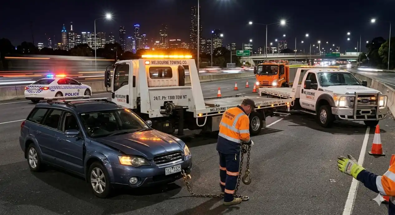 Melbourne Towing Co. operator hooking up a damaged wagon on a freeway shoulder at night with police on scene and the city skyline behind — the on-scene assessment phase of an emergency tow.